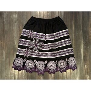 Embroidered A-Line Skirt Black Purple Floral Eyelet Scalloped Hem